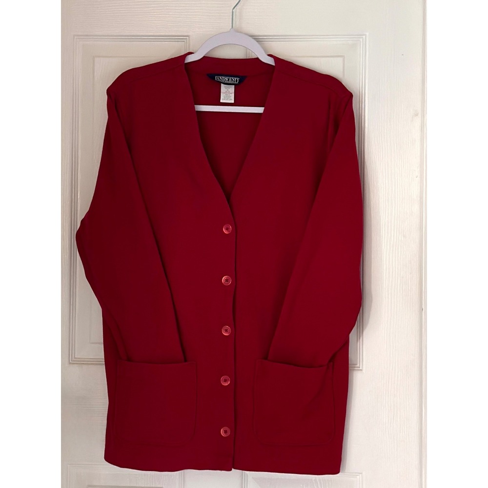 Lands End V-Neck Cotton Cardigan Sweater RedWomen's Petite M
